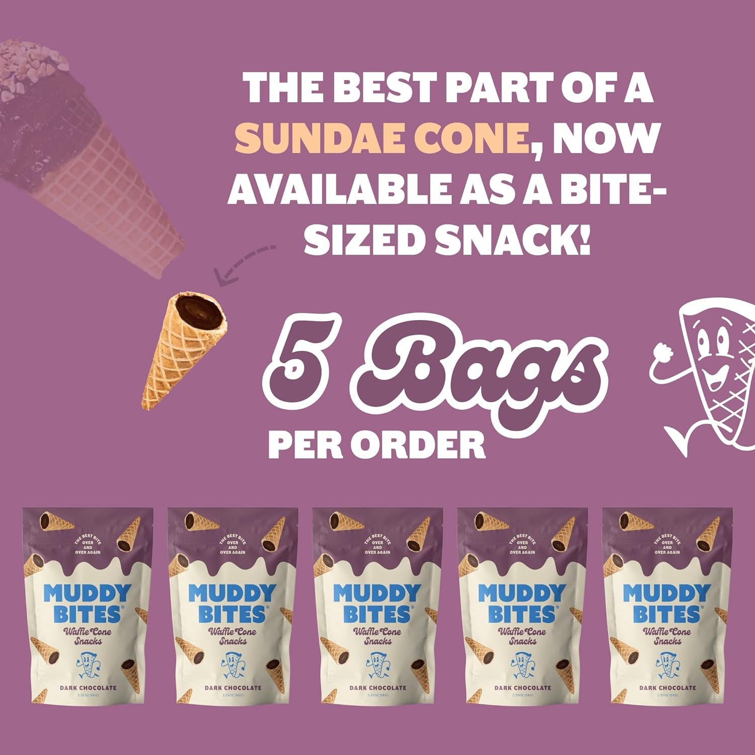 Waffle Cone Snacks Bite Sized Chocolate Filled Waffle Cones for Snack or Dessert, Ice Cream Topping, Premium Chocolate Made with Pure Cane Sugar, Non-Gmo, Kosher (Dark Chocolate, 5 Bags)