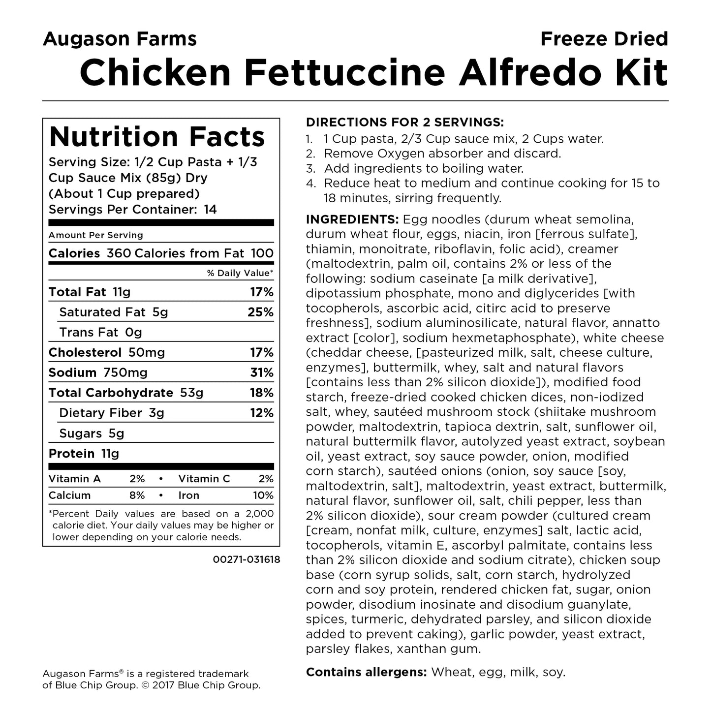 Freeze Dried Chicken Fettuccine Alfredo Kit 2 Lbs 10 Oz No. 10 Can