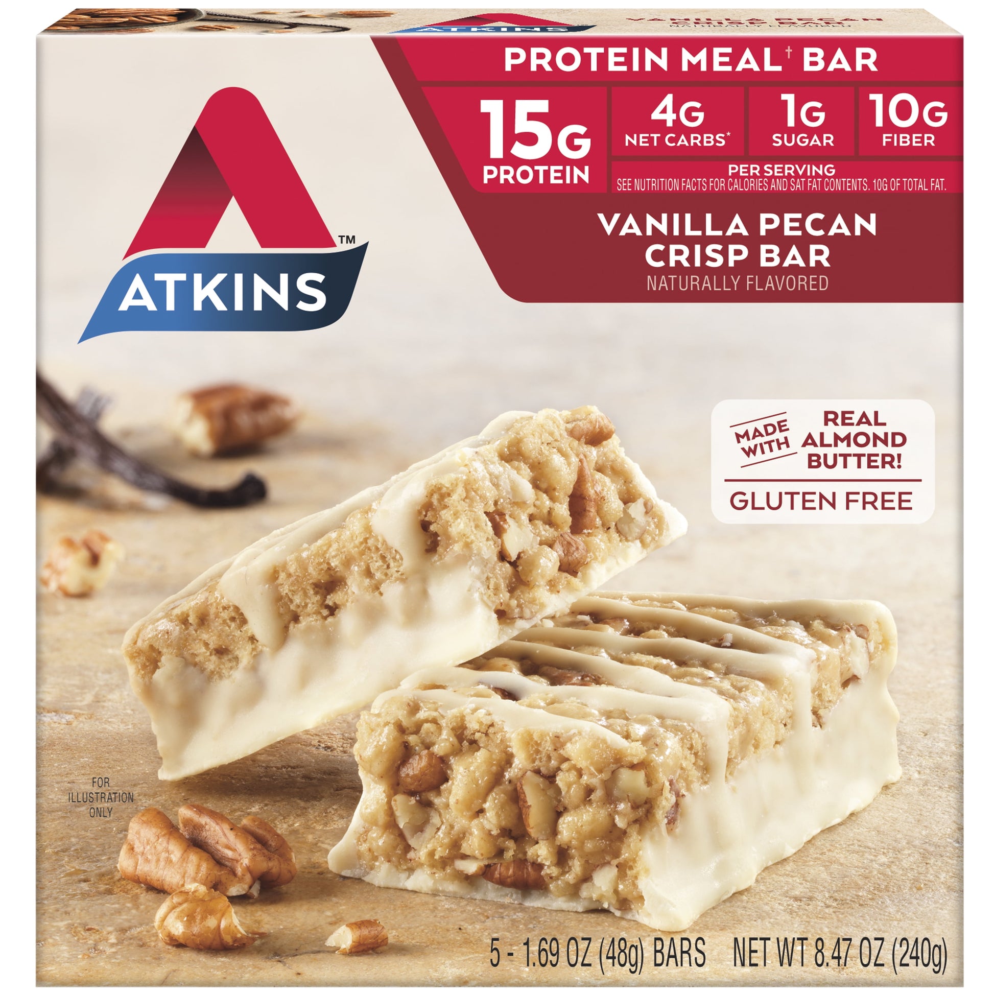 Vanilla Pecan Crisp Protein Meal Bar, Low Sugar, Meal Replacement, Keto Friendly, 5 Ct