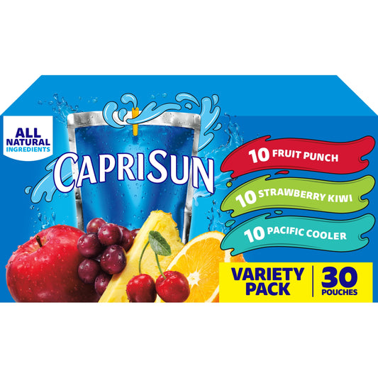 Variety Pack with Fruit Punch, Strawberry Kiwi & Pacific Cooler Juice Box Pouches, 30 Ct Box, 6 Fl Oz Pouches