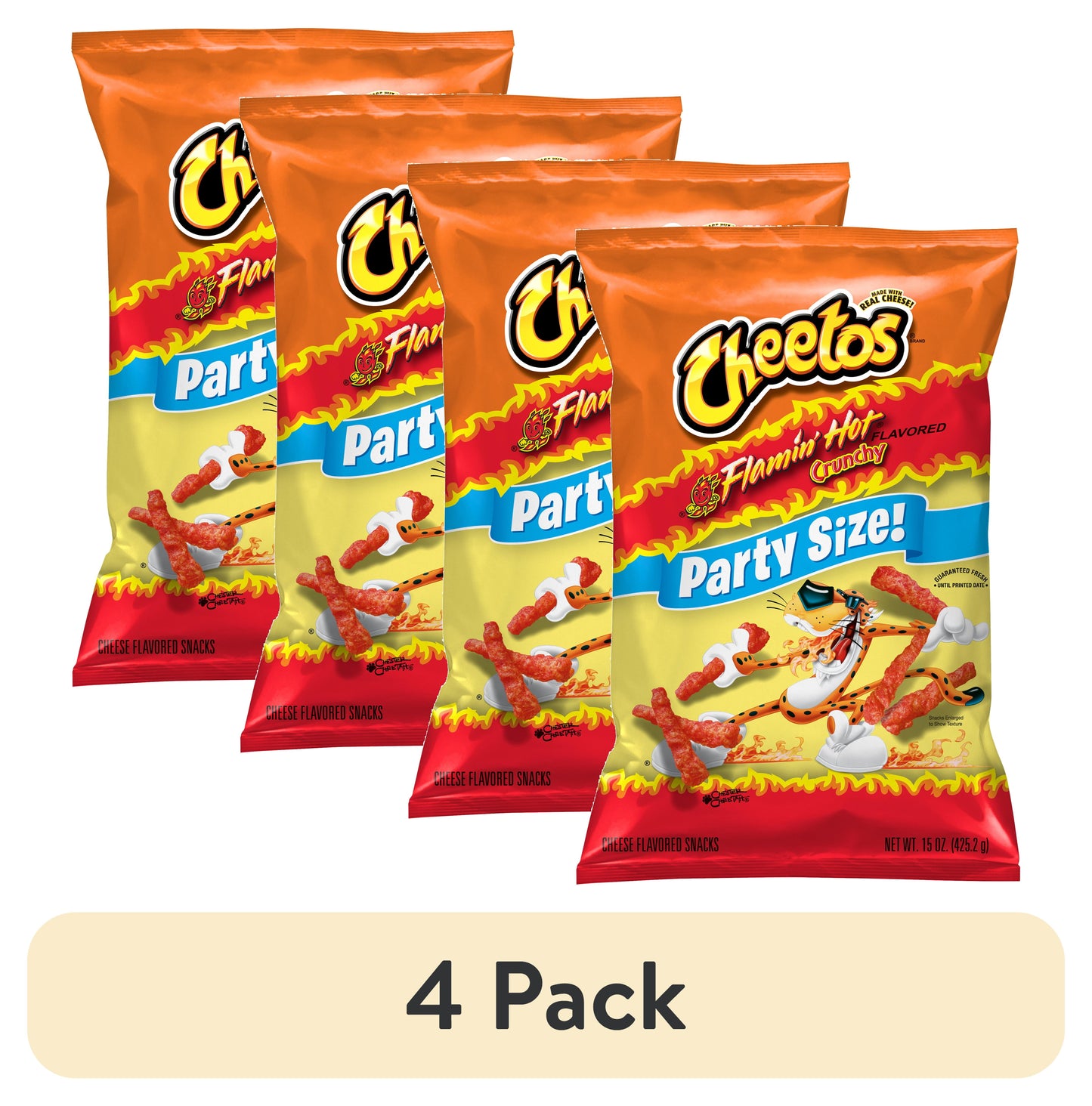 (4 Pack)  Crunchy Flamin' Hot Cheese Puff Chips, 15Oz Bag (Packaging May Vary)