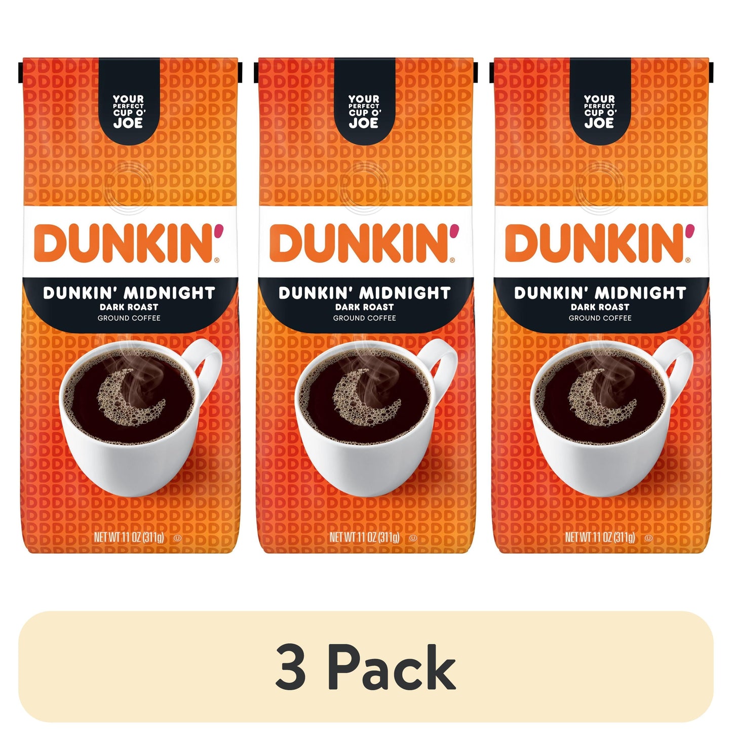 (3 Pack) Dunkin’ Midnight Dark Roast Ground Coffee, 11 Oz. Bag