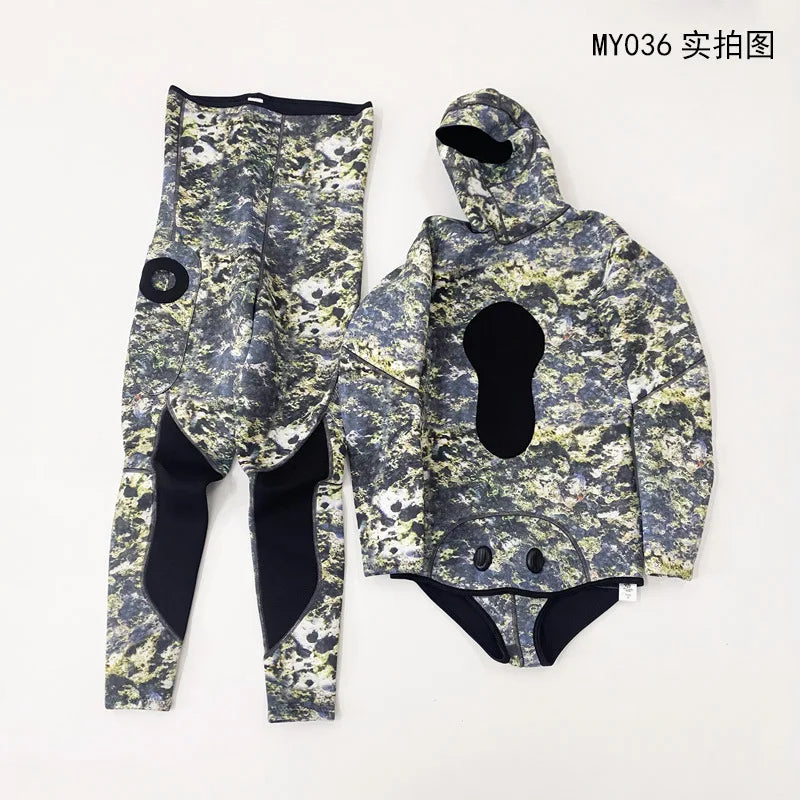 3mm Neoprene Wetsuit men's Hooded Camouflage Diving suit Snorkeling Spearfishing 2 Pieces set Wetsuit Winter Thermal Swimsuit