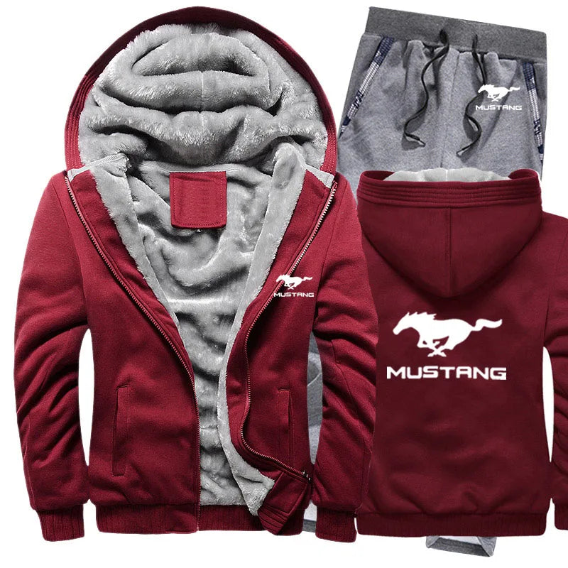 Hoodies Men Mustang Car Logo Mens Hoodies Suit Winter Thicken Warm Fleece cotton Zipper Tracksuit Mens Jacket+Pants  Sets