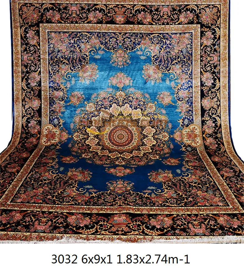 Large Blue Natural Silk Hand Knotted Estate Floor Carpet Persian Area Rug