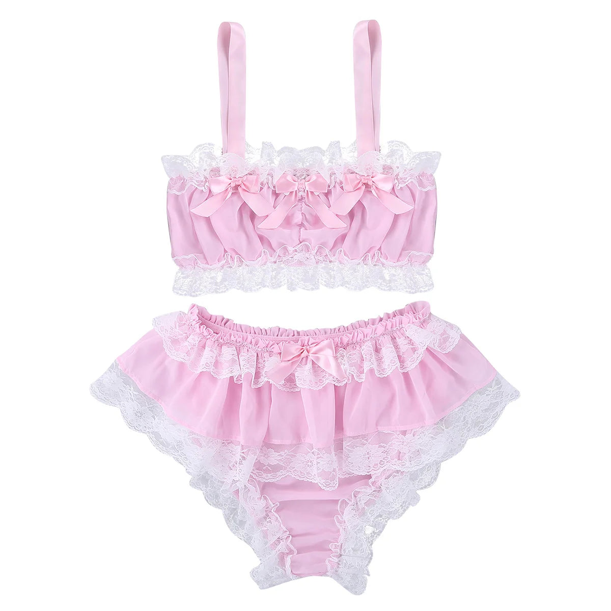 Men's Kawaii Sissy Lingerie Set Ruffled Lace Chiffon Crop Top Skirted Petticoated Panties Crossdress Costume Gay Pajamas Outfit