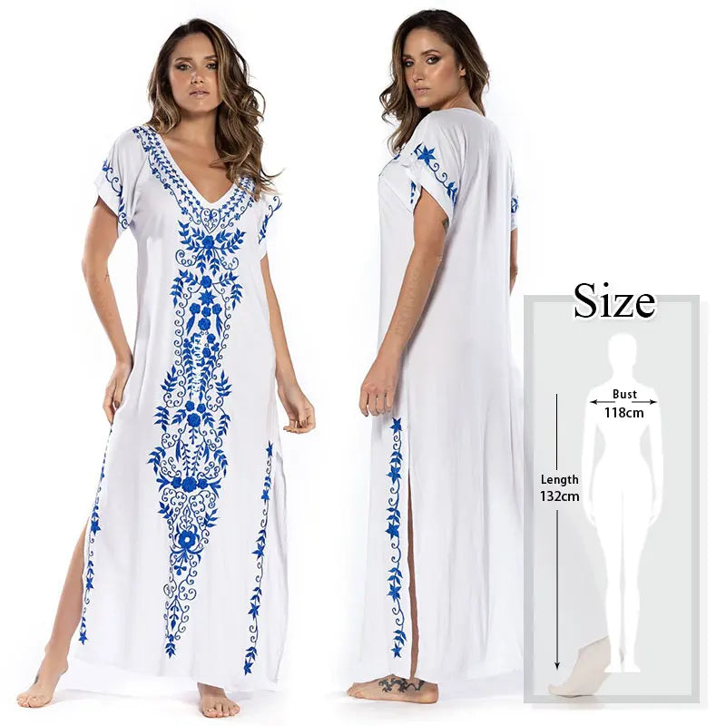 Embroidered Short Sleeve Summer Dress Cotton  Women Beachwear Swimsuit Cover Up