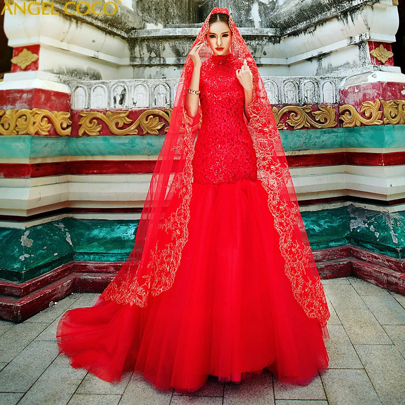 Mermaid Wedding Dresses Luxury princess Maternity Dresses plus size vintage Muslim wedding dress Red Wedding Gowns Bridal Dress