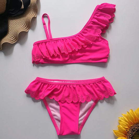 7-14 Years Girl Swimsuit Kids Hollow Out Teenage Girl Bikini Set Ruffle 2 Piece Children's Swimwear Girl Bathing Suit Beachwear