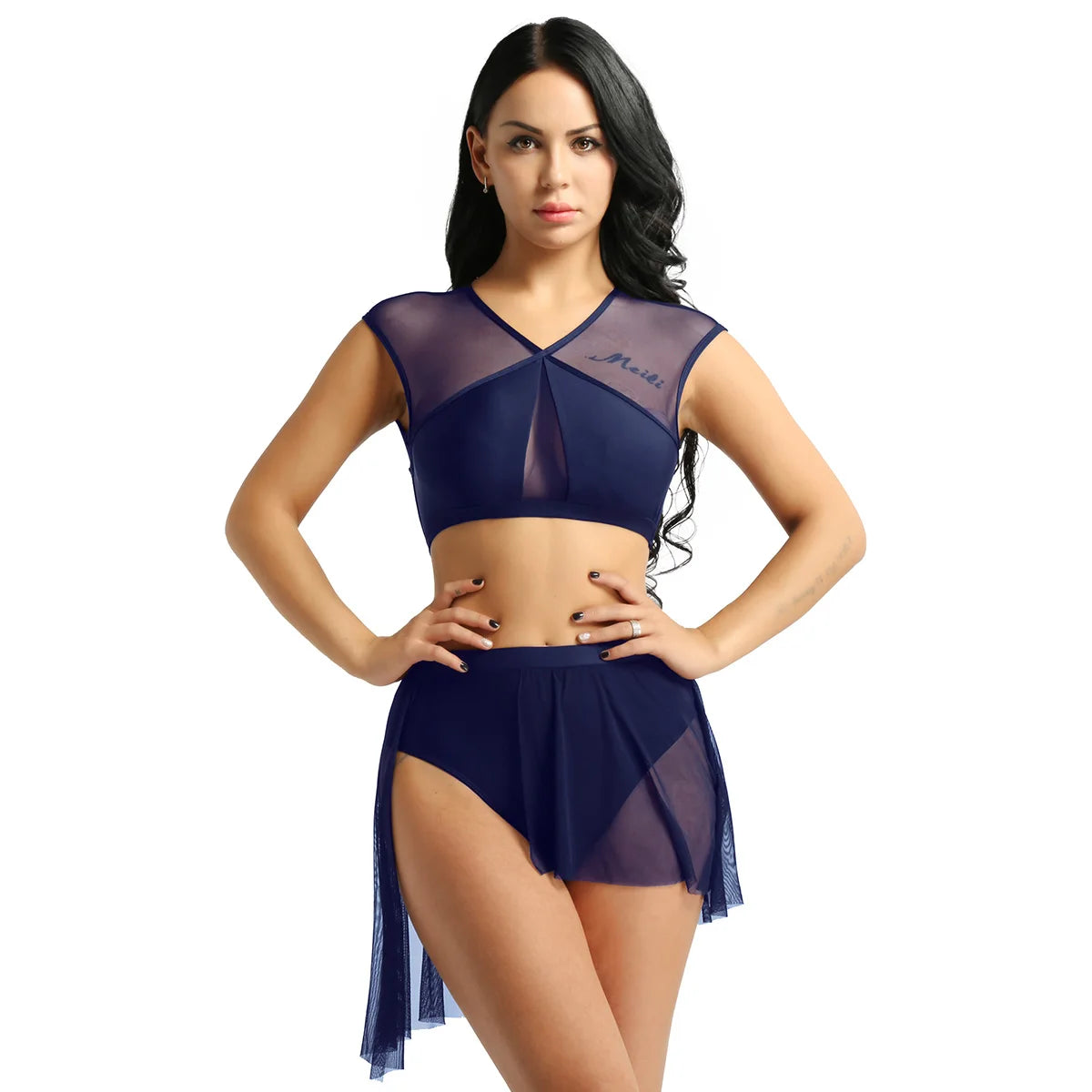 New Summer 2 Pieces Outfits Women Asymmetric Contemporary Ballet Dance Outfits Sleeveless Criss Cross Crop Tops with Short Skirt