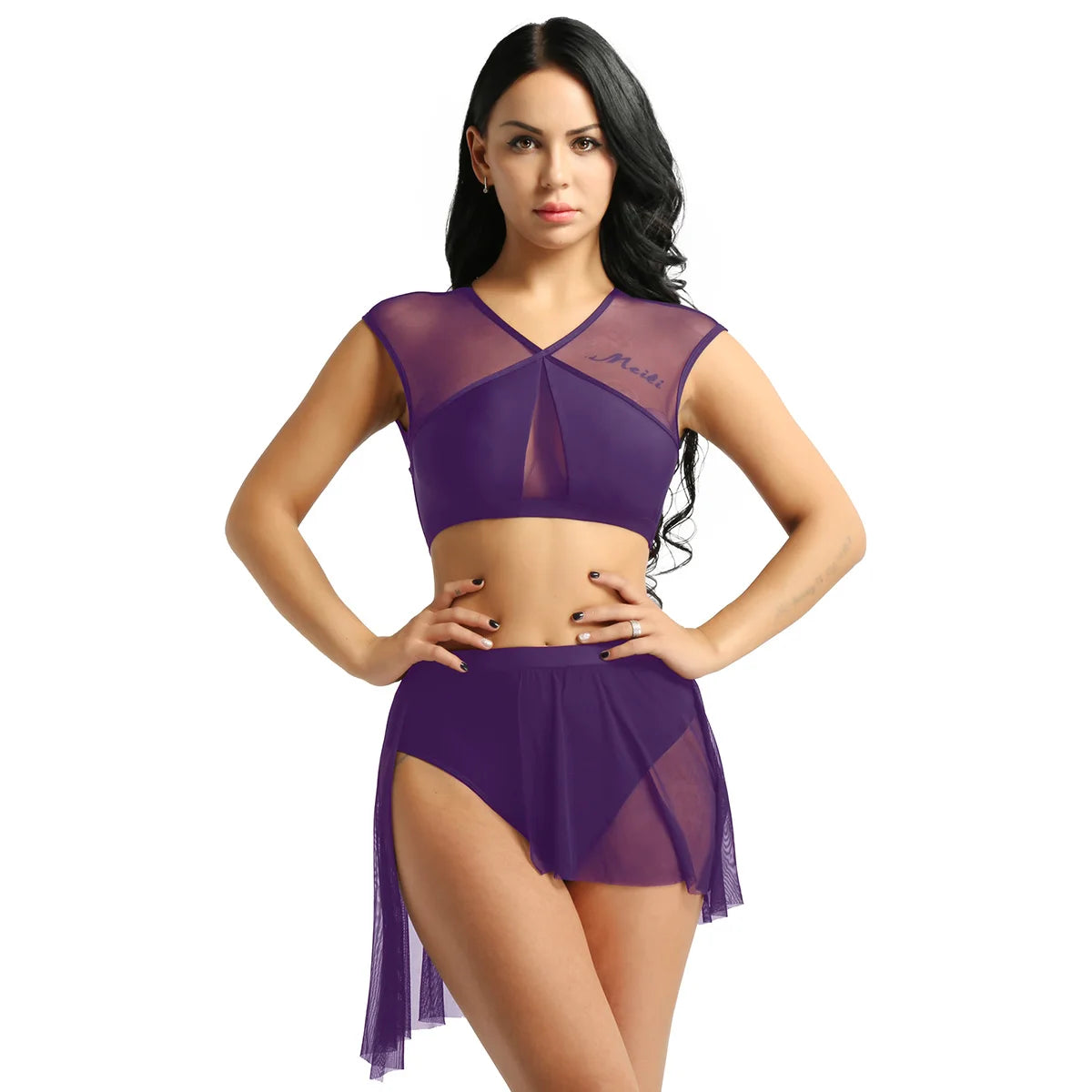 New Summer 2 Pieces Outfits Women Asymmetric Contemporary Ballet Dance Outfits Sleeveless Criss Cross Crop Tops with Short Skirt