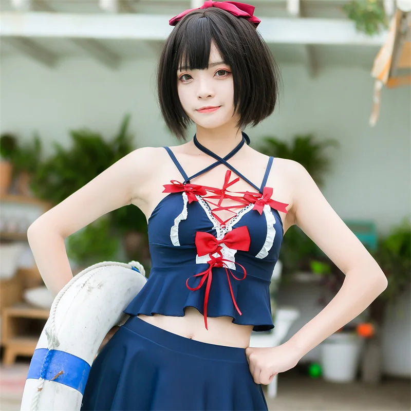 Japanese Teen Girls Swimsuit Women 2021 Cute Anime Cosplay Bikini Costume 2 Pieces Swimwear Lolita Halter Bathing Suits Skirt