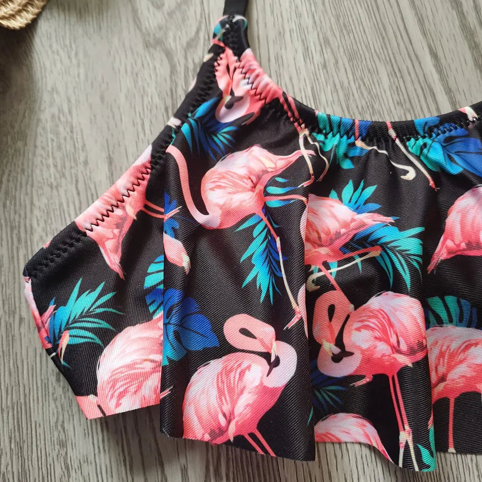 Flamingo Flounce Girl Swimsuit Kids 7-14 Years 2 Piece Children's Swimwear Halter Top Teenage Girl Bikini Set Girls Bathing Suit