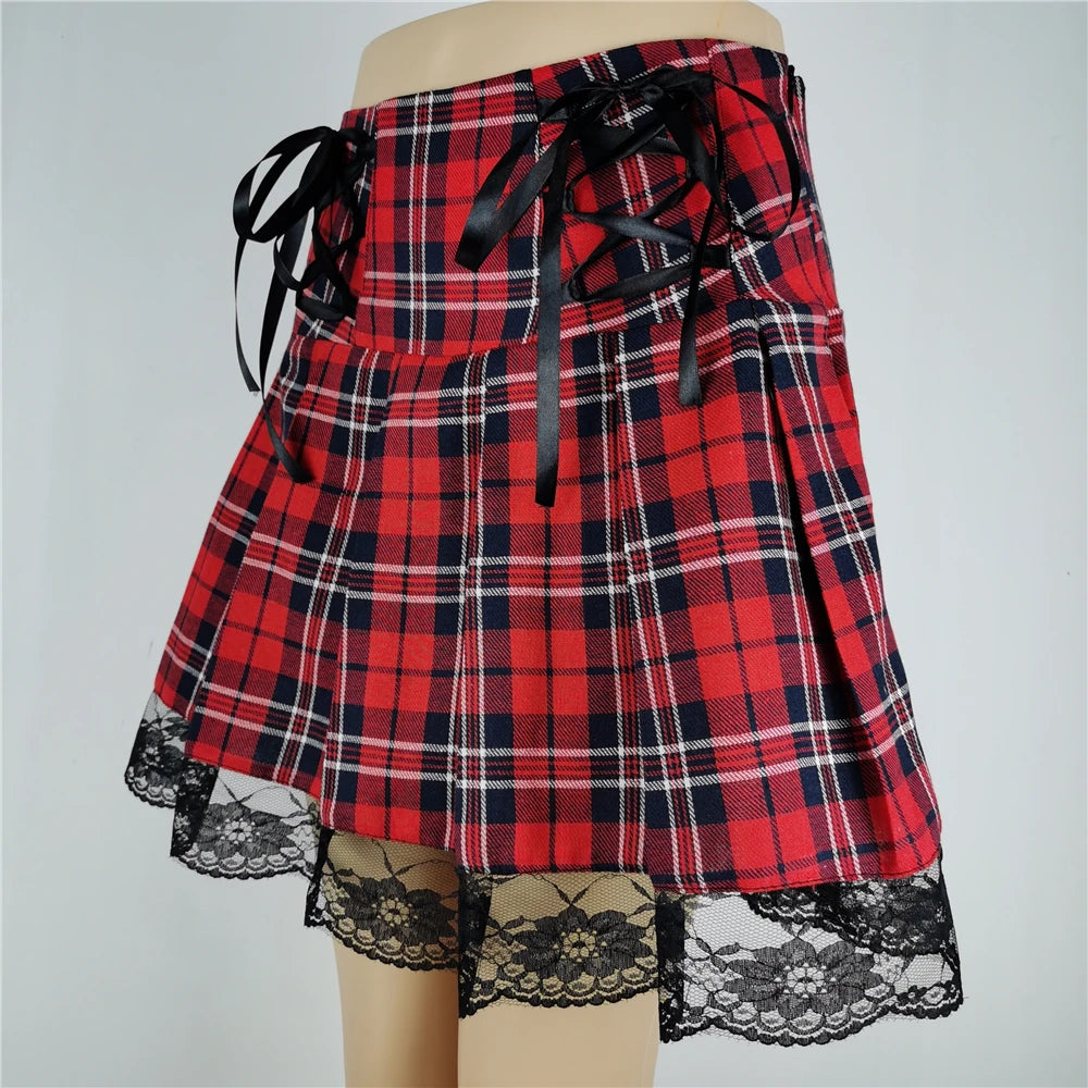 Lace Up Goth Y2K Woman Skirts Pink Stripe Plaid Lace Trim Pleated Punk Dark Academia Aesthetic E Girl Clothes Gothic Skirt