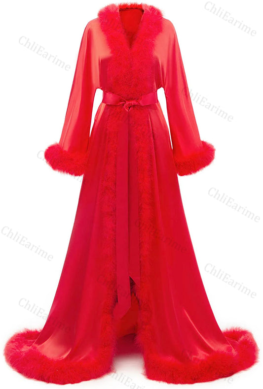 Womens Feather Bridal Robe Luxury Fur Trim Silk Satin Lingerie Dressing Gown Nightgown Long Wedding Scarf