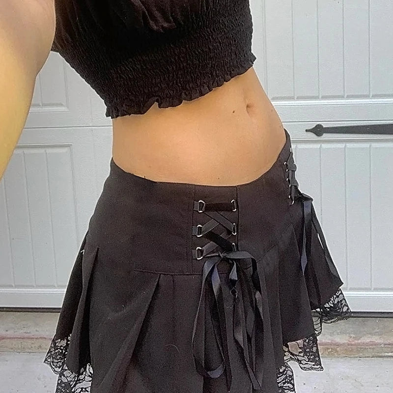 Lace Up Goth Y2K Pleated Skirt Woman Punk Style Dark Academia Aesthetic Vintage 90s Streetwear Black Dance Mini Skirts