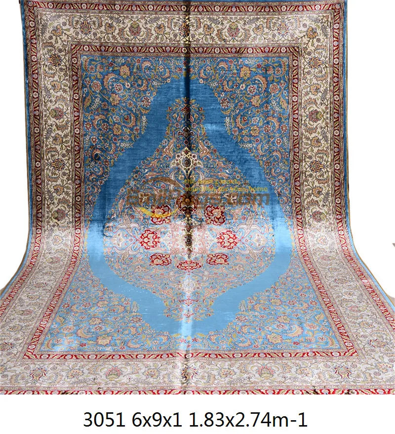 Large Blue Natural Silk Hand Knotted Estate Floor Carpet Persian Area Rug