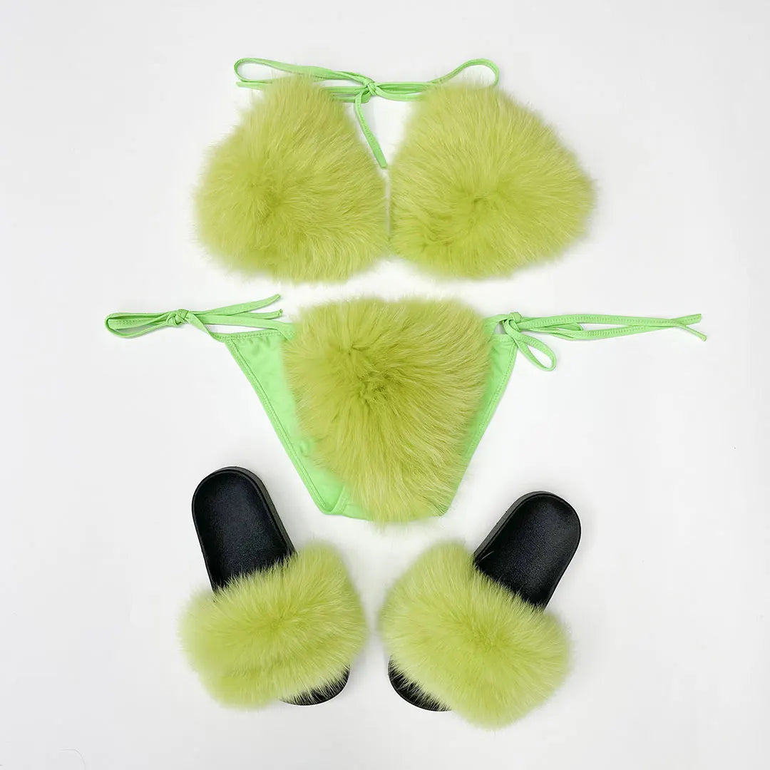 Janefur New Fashion Fancy Fur Bikini Set Luxury Furry Bra And  Fox Slides Slippers For Women