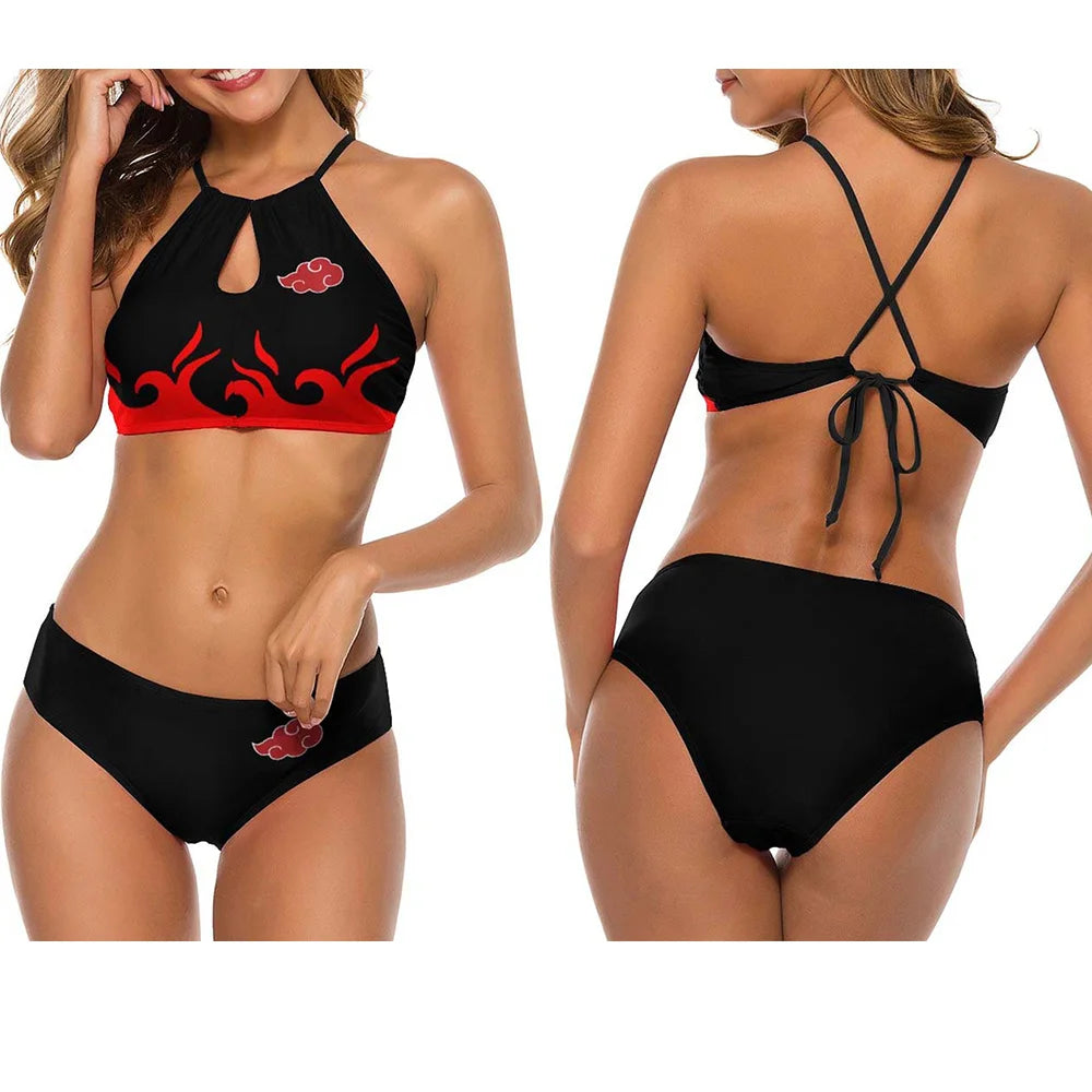 Swimsuit Red Lucky Cloud Cosplay Anime 3D Print Women Girl High Neck Sling Top Bikinis Shorts 2-Piece Beach Summer Bathing Suits