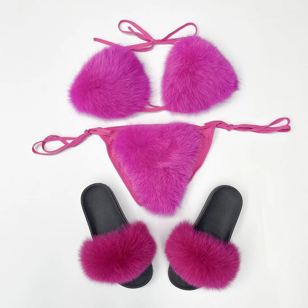 Janefur New Fashion Fancy Fur Bikini Set Luxury Furry Bra And  Fox Slides Slippers For Women