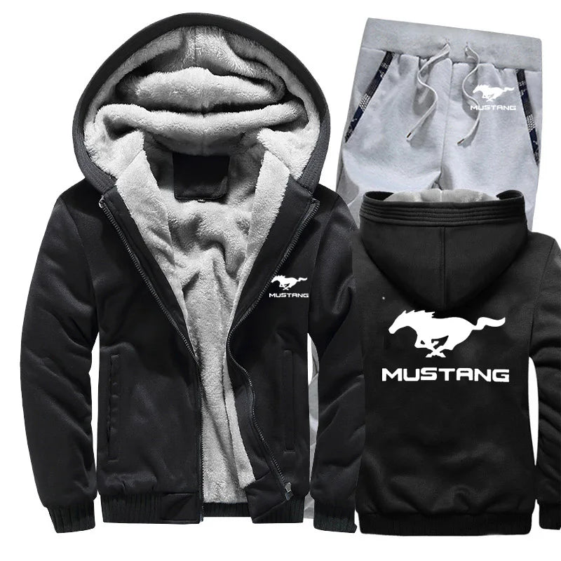 Hoodies Men Mustang Car Logo Mens Hoodies Suit Winter Thicken Warm Fleece cotton Zipper Tracksuit Mens Jacket+Pants  Sets