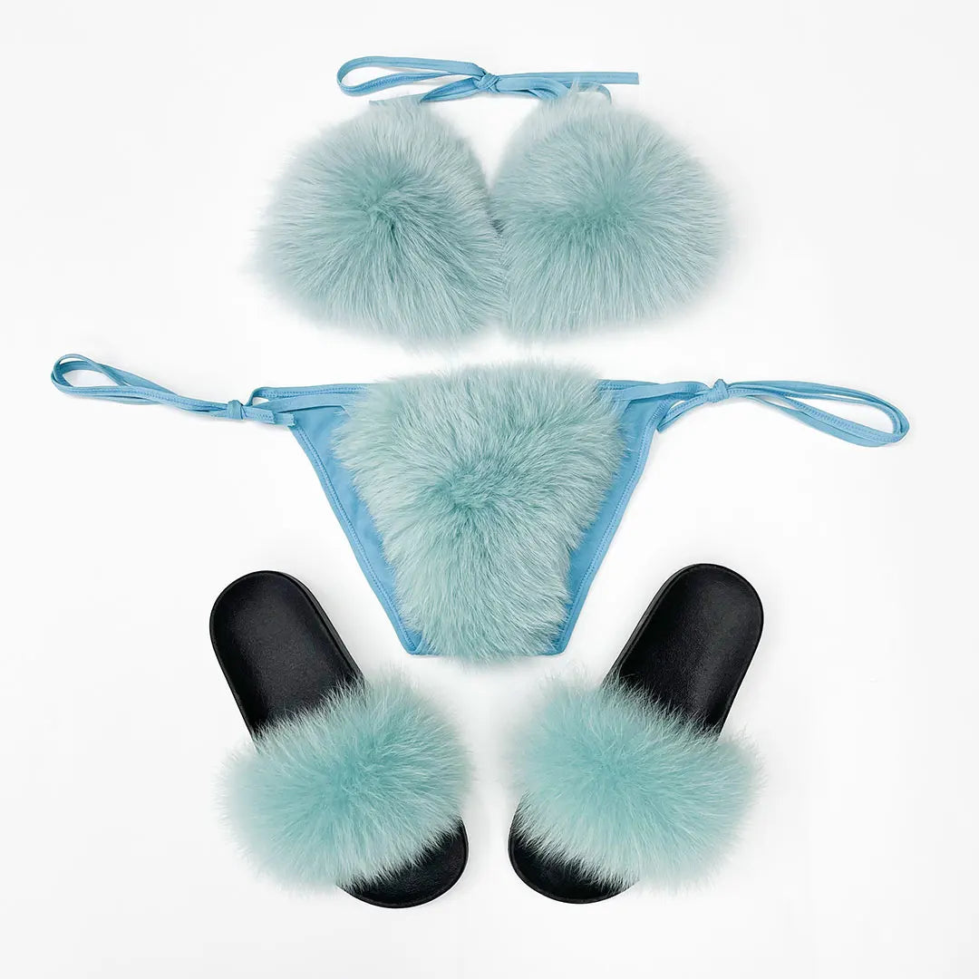 Janefur New Fashion Fancy Fur Bikini Set Luxury Furry Bra And  Fox Slides Slippers For Women