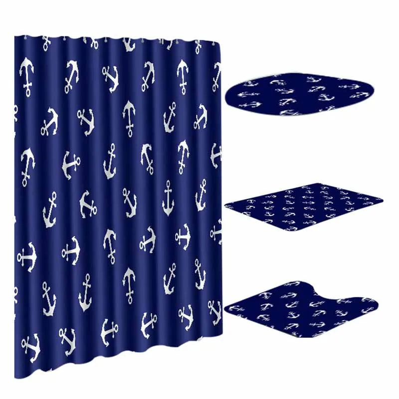 HomeMiYN New Bath Mat 4pcs Bathroom Footpad Blue Shower Curtain Waterproof With 12 Hooks White Anchor Bath Mats Rugs Anti Slip