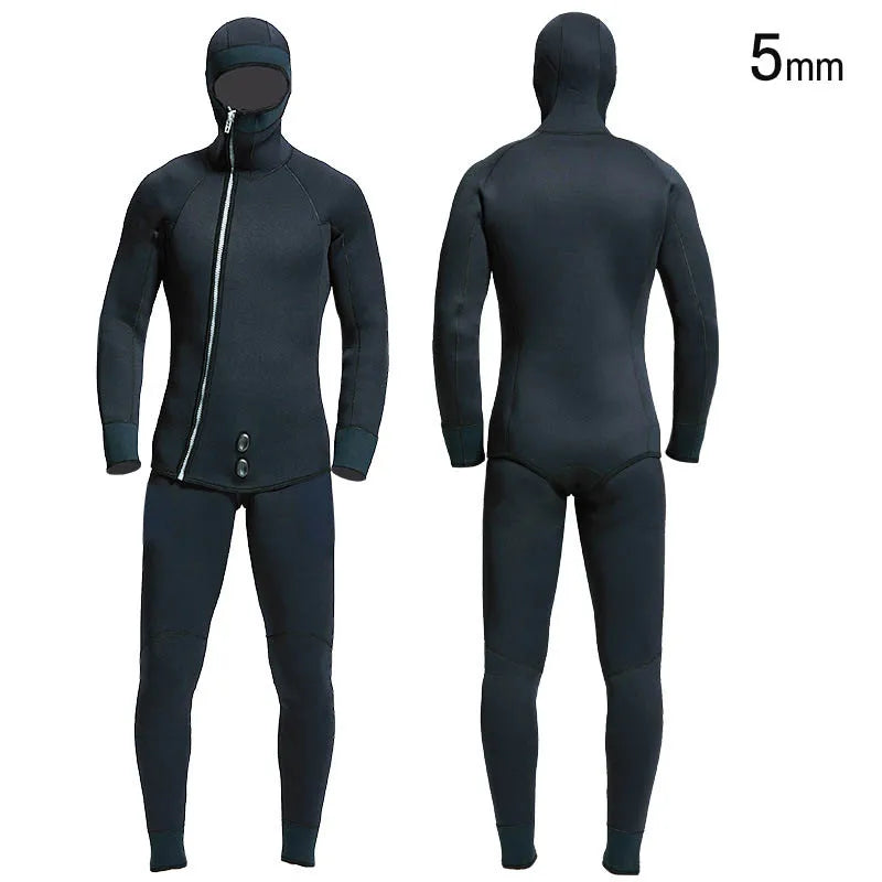 5MM Scuba spearfishing diving suit Neoprene wetsuit Hooded velvet lining 2 pieces set Snorkeling Surfing winter thermal swimsuit