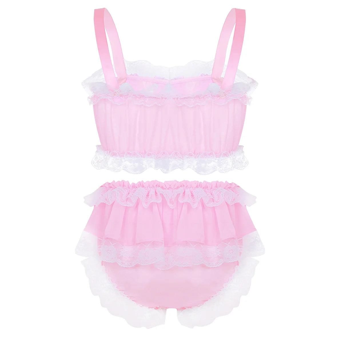 Men's Kawaii Sissy Lingerie Set Ruffled Lace Chiffon Crop Top Skirted Petticoated Panties Crossdress Costume Gay Pajamas Outfit