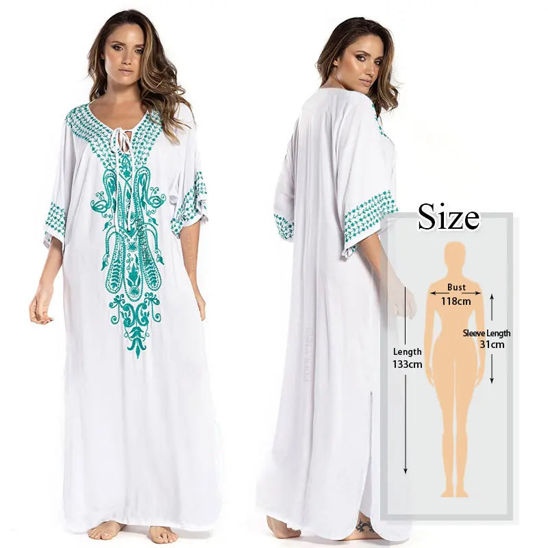 Embroidered Short Sleeve Summer Dress Cotton  Women Beachwear Swimsuit Cover Up