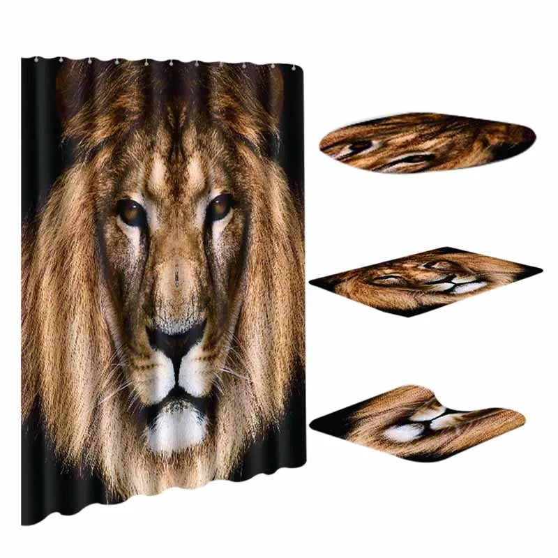 HomeMiYN Bath Mat Black Bathroom Decor Lion Anti Slip Bath Mat Rug Floor Pads Waterproof 12 Hooks Shower Curtain 4 Pieces