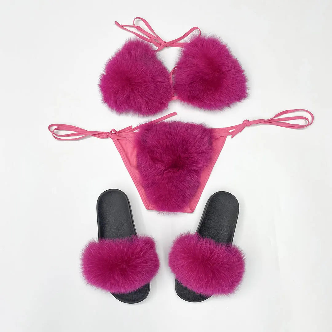 Janefur New Fashion Fancy Fur Bikini Set Luxury Furry Bra And  Fox Slides Slippers For Women