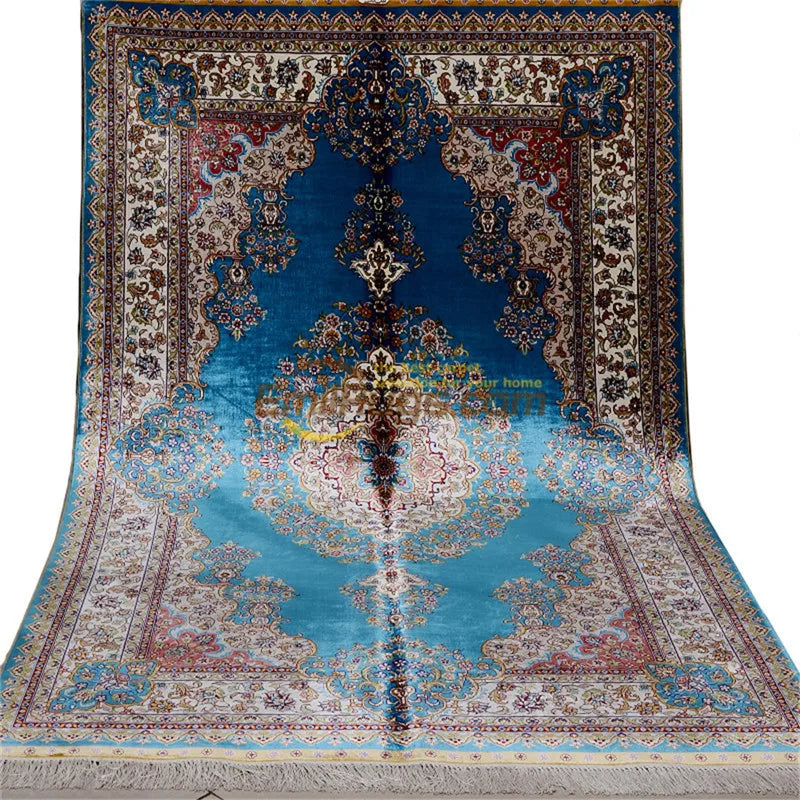 Large Blue Natural Silk Hand Knotted Estate Floor Carpet Persian Area Rug