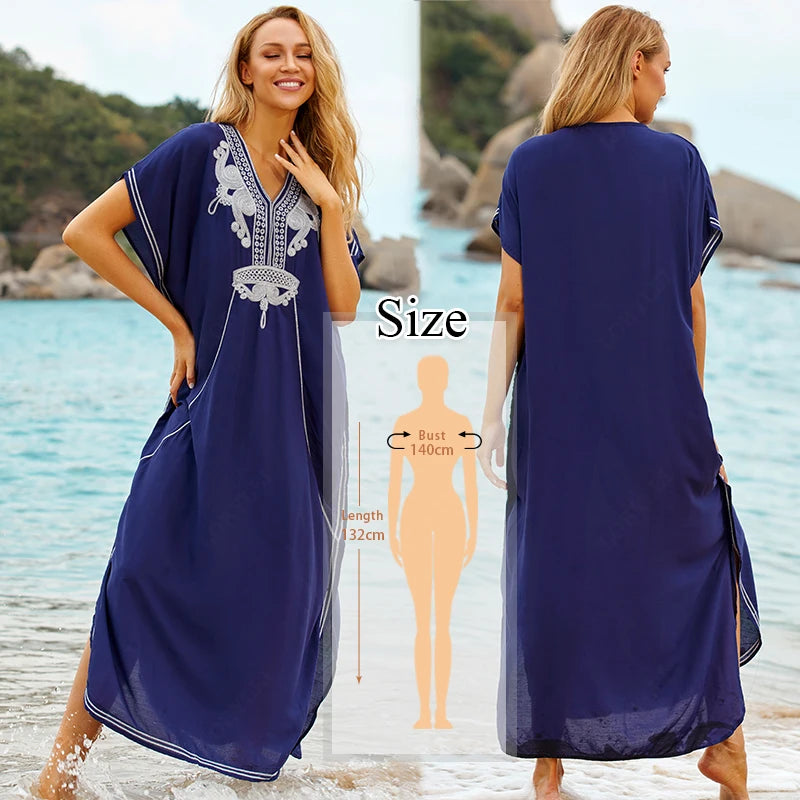 Embroidered Short Sleeve Summer Dress Cotton  Women Beachwear Swimsuit Cover Up