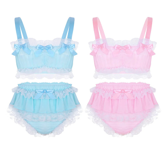 Men's Kawaii Sissy Lingerie Set Ruffled Lace Chiffon Crop Top Skirted Petticoated Panties Crossdress Costume Gay Pajamas Outfit