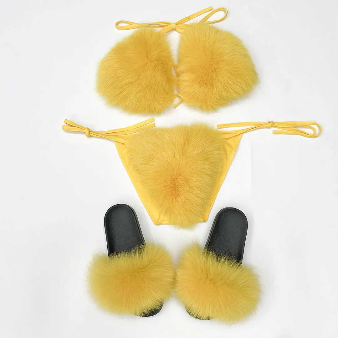 Janefur New Fashion Fancy Fur Bikini Set Luxury Furry Bra And  Fox Slides Slippers For Women