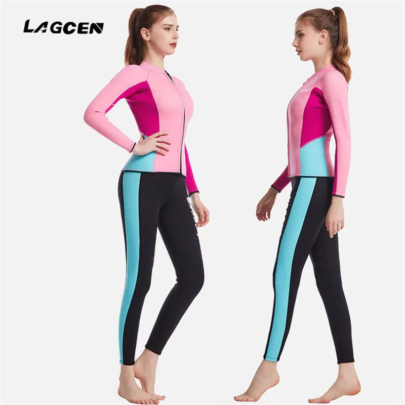 LAGCEN 2.5mm Neoprene Wetsuit Women Long Sleeve Scuba Diving suit Female Surfing Snorkeling 2 Pieces Set Winter Thermal Swimsuit