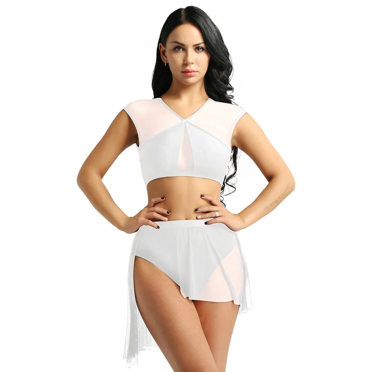 New Summer 2 Pieces Outfits Women Asymmetric Contemporary Ballet Dance Outfits Sleeveless Criss Cross Crop Tops with Short Skirt