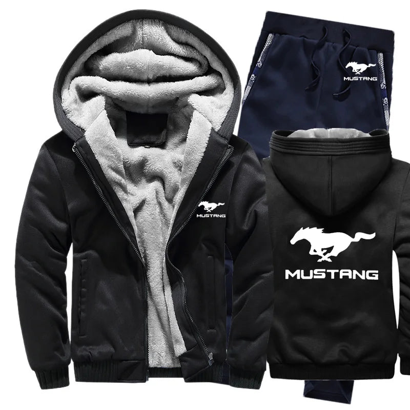 Hoodies Men Mustang Car Logo Mens Hoodies Suit Winter Thicken Warm Fleece cotton Zipper Tracksuit Mens Jacket+Pants  Sets