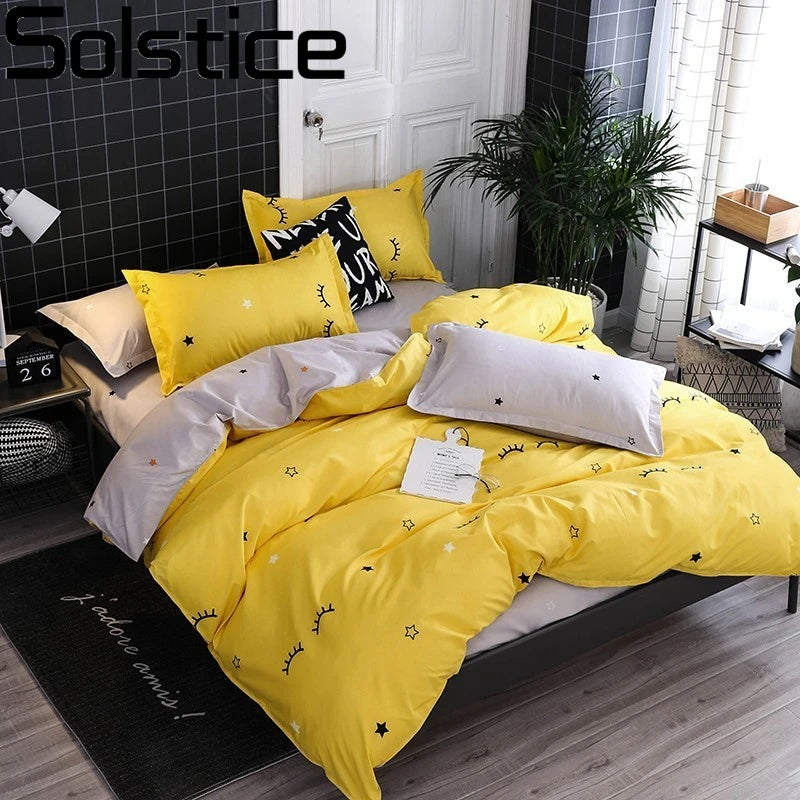 Solstice Bedding Set Duvet Cover Pillowcase Bed Linens Set Cute Yellow Gray Eye Quilt Cover Beds Flat Sheet Twin Queen King Size