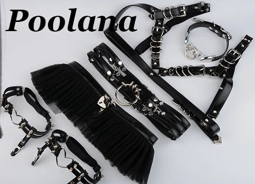 1SET=6pc Cosplay Outfit Lolita Kawaii Choker Collar Harness PU Leather Bra Top Waist Belt Tutu Ruffle Studded Garter Belts