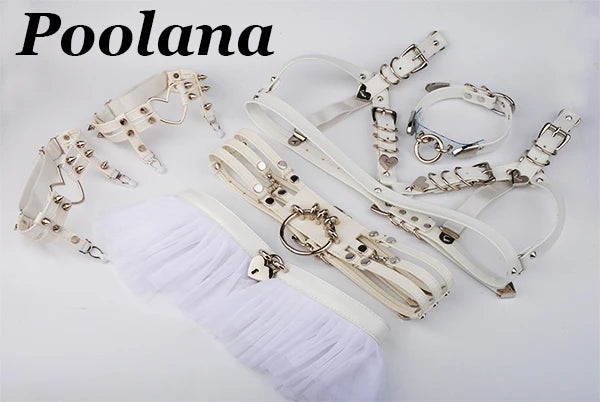 1SET=6pc Cosplay Outfit Lolita Kawaii Choker Collar Harness PU Leather Bra Top Waist Belt Tutu Ruffle Studded Garter Belts