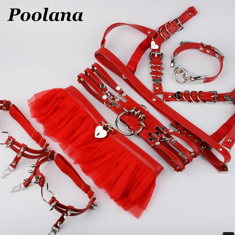 1SET=6pc Cosplay Outfit Lolita Kawaii Choker Collar Harness PU Leather Bra Top Waist Belt Tutu Ruffle Studded Garter Belts