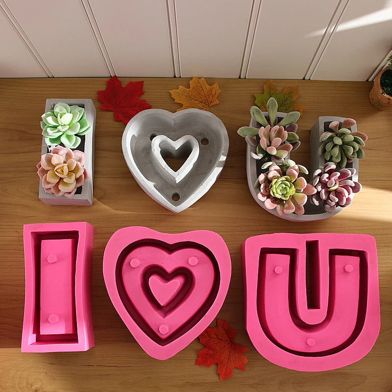 I Love U Heart Shape DIY Clay Cementsilica Silicone Mold Plants Succulent Flower Pot Mould Cement Molds Silicone Concrete Decor