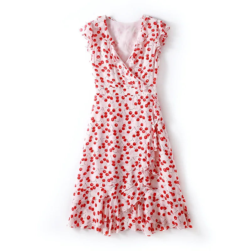 V-neck ruffled waist slimming silk printed A-line dress