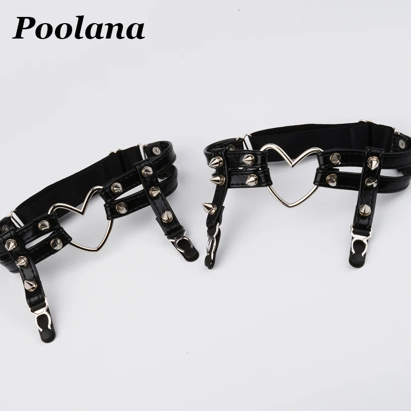 1SET=6pc Cosplay Outfit Lolita Kawaii Choker Collar Harness PU Leather Bra Top Waist Belt Tutu Ruffle Studded Garter Belts