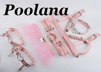 1SET=6pc Cosplay Outfit Lolita Kawaii Choker Collar Harness PU Leather Bra Top Waist Belt Tutu Ruffle Studded Garter Belts