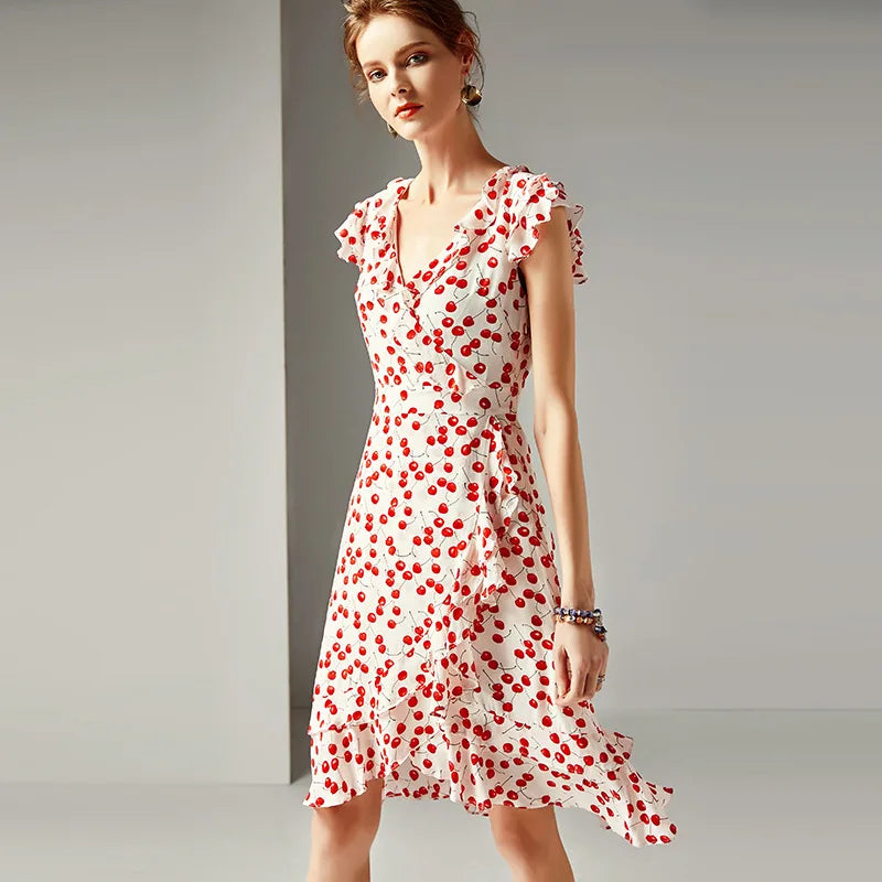 V-neck ruffled waist slimming silk printed A-line dress