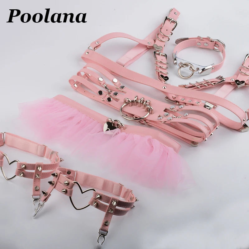 1SET=6pc Cosplay Outfit Lolita Kawaii Choker Collar Harness PU Leather Bra Top Waist Belt Tutu Ruffle Studded Garter Belts