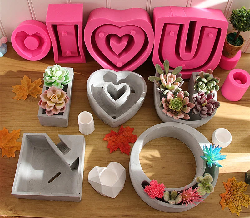 I Love U Heart Shape DIY Clay Cementsilica Silicone Mold Plants Succulent Flower Pot Mould Cement Molds Silicone Concrete Decor